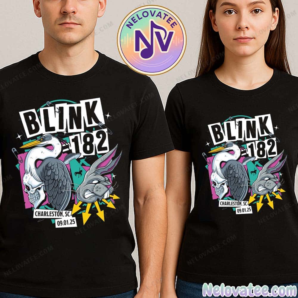 Blink 182 Charleston SC 2025 Merch Tee For September 1 At Credit One Stadium Missionary Impossible Tour 2025 Black T-Shirt Blink 182 Charleston SC 2025 Merch Tee For September 1 At Credit One Stadium Missionary Impossible Tour 2025 Black T-Shirt