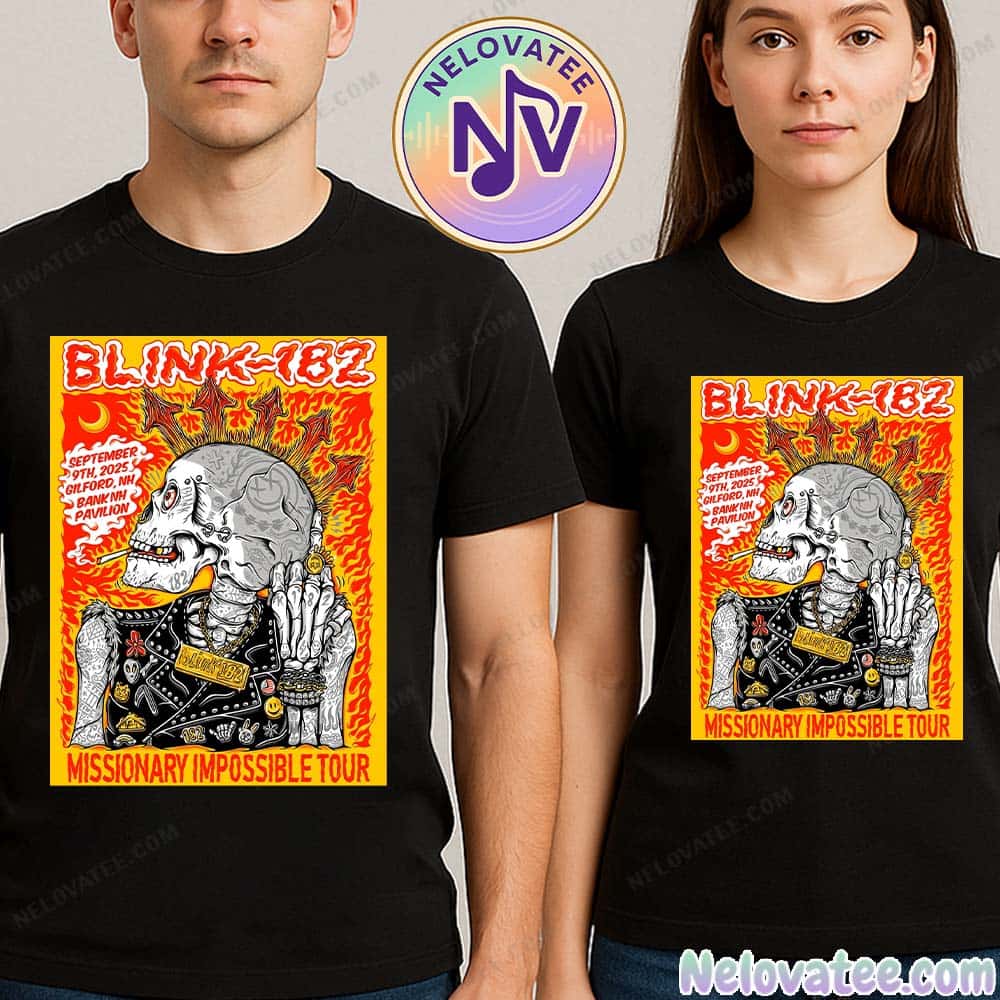 Blink-182 Gilford New Hampshire Missionary Impossible Tour 2025 Official Poster For September 9th At BankNH Pavilion Poster T-Shirt Blink-182 Gilford New Hampshire Missionary Impossible Tour 2025 Official Poster For September 9th At BankNH Pavilion Poster T-Shirt